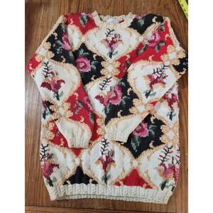 Vintage 1980s Heavy Hand Knit Thick Floral Chunky Sweater Small Medium Ivory Red